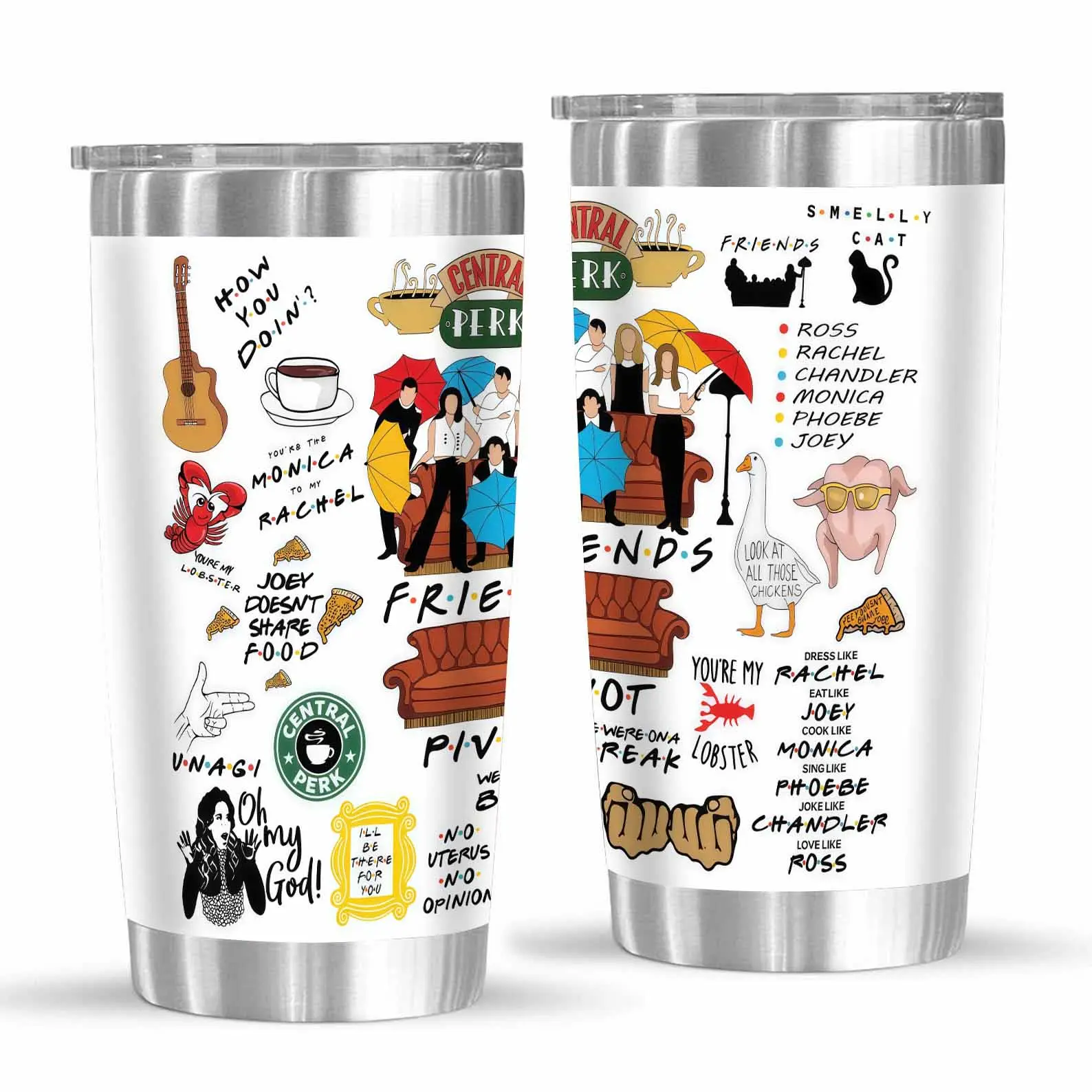 Friends TV Show 20oz Double Silver Edges Stainless Steel Insulated Print Tumbler - Double Wall Vacuum Reusable Travel Mug, Silver Rim, Dishwasher Safe, Lid & Straw Included, Coffee Cup, Modern Portable Kitchenware, Perfect Gift for Sitcom Fans (Birthday)