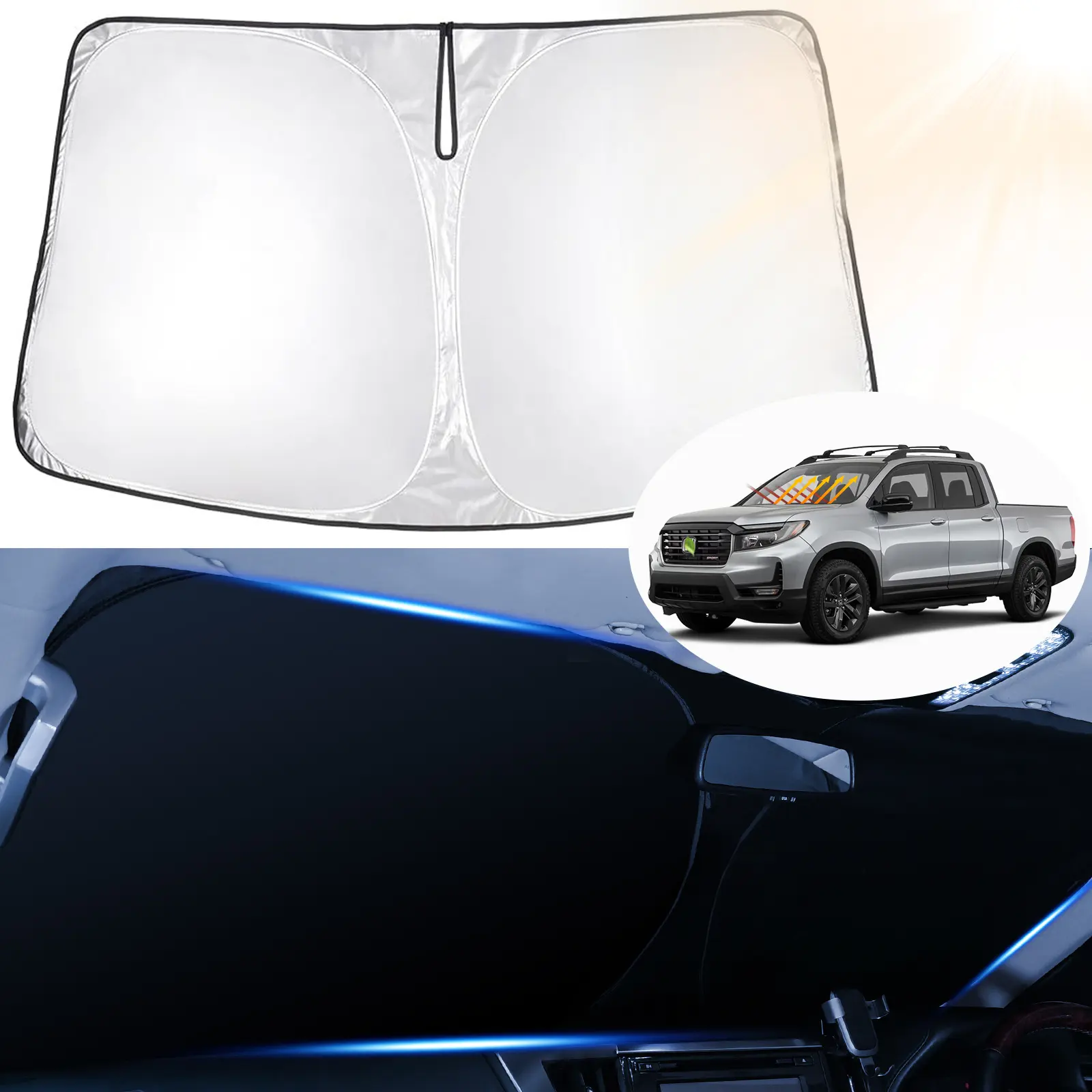 Canvcle Custom Fit Windshield Sunshade for Honda Ridgeline 2017-2026, 240T 5-Layer UV-Blocking Sun Shade for Car Window, Heat Protectant Foldable Silver/Black Car Sun Visor, Precise Fit with Easy Installation & Storage
