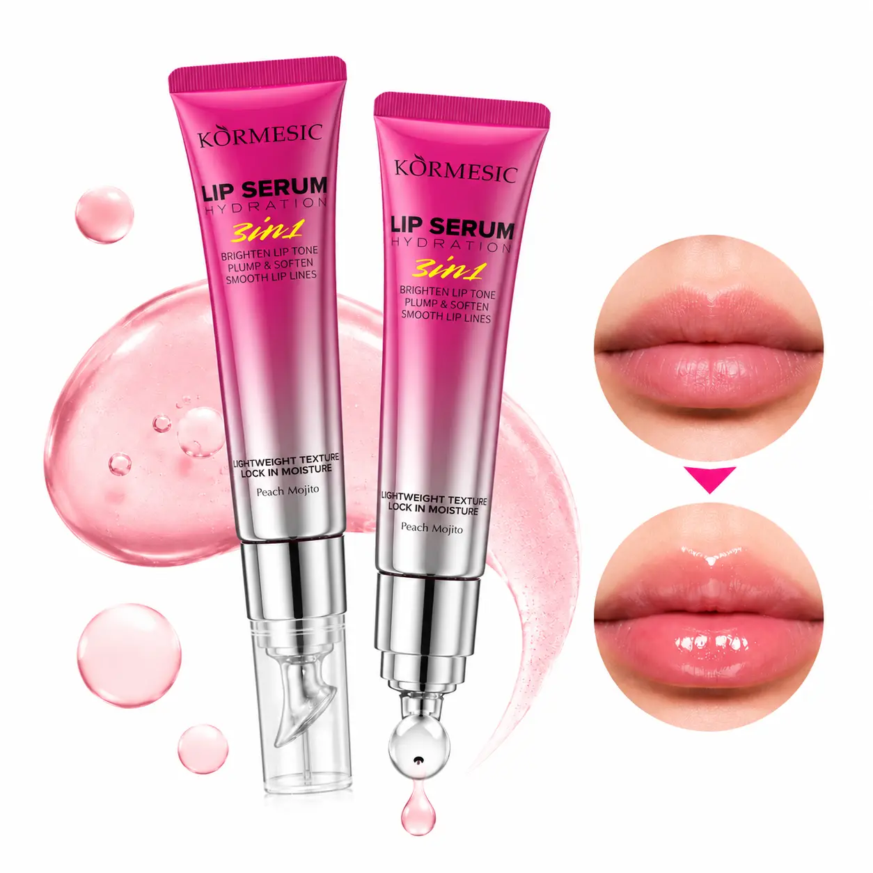 KÖRMESIC 3-in-1 Hydrating Lip Serum, Non-Sticky High-Shine Peach Jam Lip Gloss, Cooling Metal Roller Applicator, Peach Scent Moisturizing Lip Care for Soft Fuller-Looking Lips, Perfect Pout, Wedding Makeup, Lightweight, Cosmetic, Compact, Smooth
