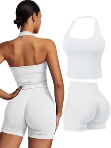 Women's Seamless Halter Backless Yoga Workout Activewear Clothes Tank Top + Gym Shorts, High Waist Butt Lifting, Quick Dry Running Fitness Set, Sexy Yoga Workout Sets, Activewear Clothing