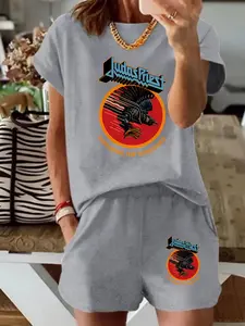 Judas Priest Band Theme Print Short Sleeve Shorts Set, Spring Summer Heavy Metal Rock Vintage Poster Style, Casual Daily Wear