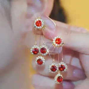 Red Rhinestone Tassel Earrings, Needle Sparkling Long Drop Design, Chic Fashion Jewelry, 2025 Trend Statement Earrings for Women mothersdaygift