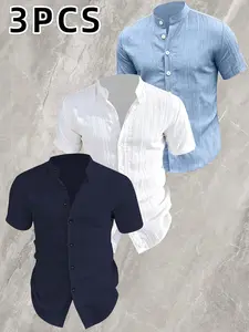 Men's 3 Pack Lightweight Textured Crinkle Short Sleeve Button Down Shirts, Casual Fitted Graphic Pockets, Summer Wear //navy Colors