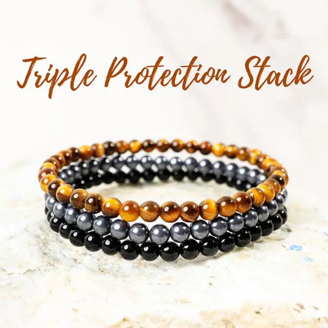 Triple Protection Reiki Charged Beaded Bracelet Pack - 3pcs Stackable 4mm Natural Crystal Set, Tiger Eye, Black Tourmaline, Hematite, Daily Wear Protection Focus Jewelry