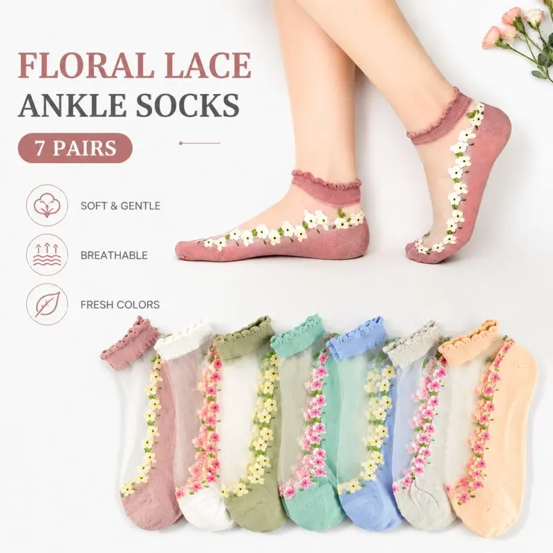 7 Pairs Women's Ankle Socks, Sheer Floral Lace Trim, Casual Low Cut Nylon Mesh, Breathable Moisture-Wicking Elastic for Summer, Lady, Elegance, Socks For Women, Anti-Chafing Ankle Socks