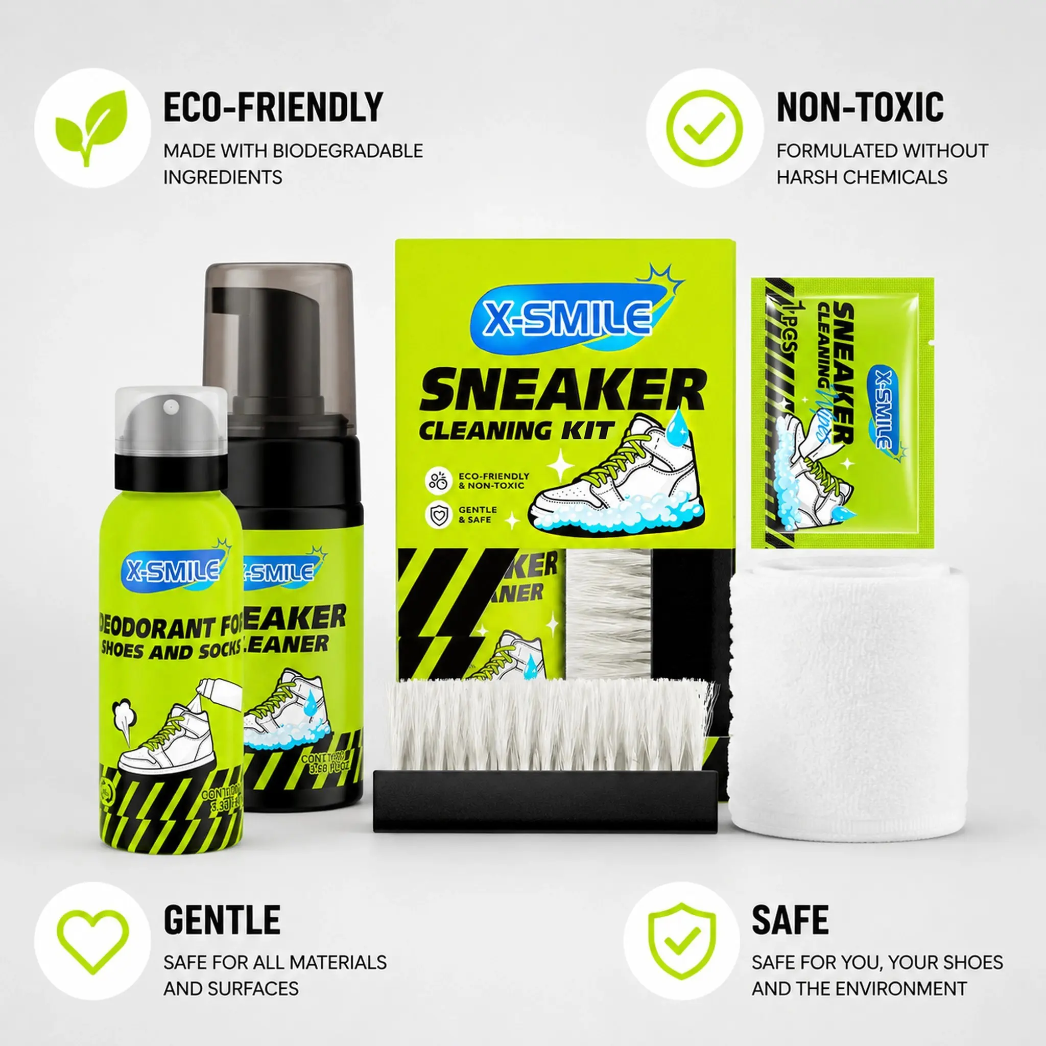 X-SMILE Shoe & Sock Deodorizer Cleaning Kit for White Sneakers: Deodorizing Spray (no water washing required), Foam Clean Agent, Brush, and Wet Wipes