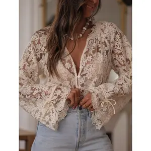 Women Causal Loose Flower V Neck Long Flare Sleeve Button-up Sheer Lace Blouse