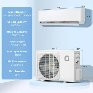 9000 BTU Mini Split Air Conditioner Heater 24 SEER2 115V Ductless Inverter AC Heating System for Up to 450 SqFt Wall Mounted Split AC Unit with Heat Pump Remote Installation Kit Included, Ductless Use, Ductless Type