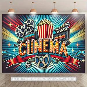 2D Flat, 1pc Cinema Sign Backdrop - Vintage Movie Theater Decor with Red & Blue Cinema Banner, Popcorn Boxes - Durable Polyester Photography Background for Birthday Parties, Photo Booths, Home Theater - Indoor