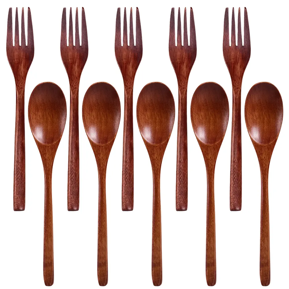 10 Packs Wooden Spoons Forks Set, Reusable Flatware Tableware Handmade Natural Cutlery Includes Spoon Fork for Cooking Eating Kitchen