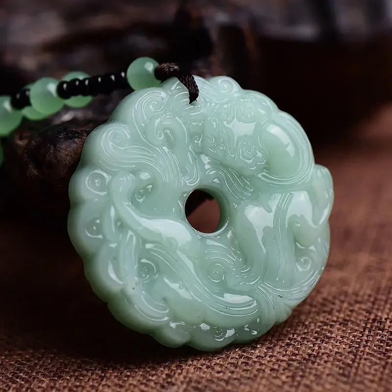 Natural Green Jade Pixiu Donut Pendant, Traditional Chinese Good Luck Jade Necklace Feng Shui Wealth Protection Jade Necklace for Men Women