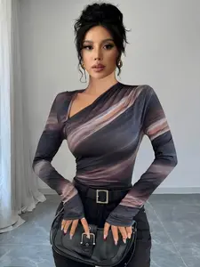 Women's Elegant Ombre Asymmetrical Neck Long Sleeve T-Shirt Top, Sexy Slim-Fitting Casual Wear, Bodycon Fitted Top, Womenswear All Seasons Fashion, Fitted, Lady, Asymmetrical Neckline Top