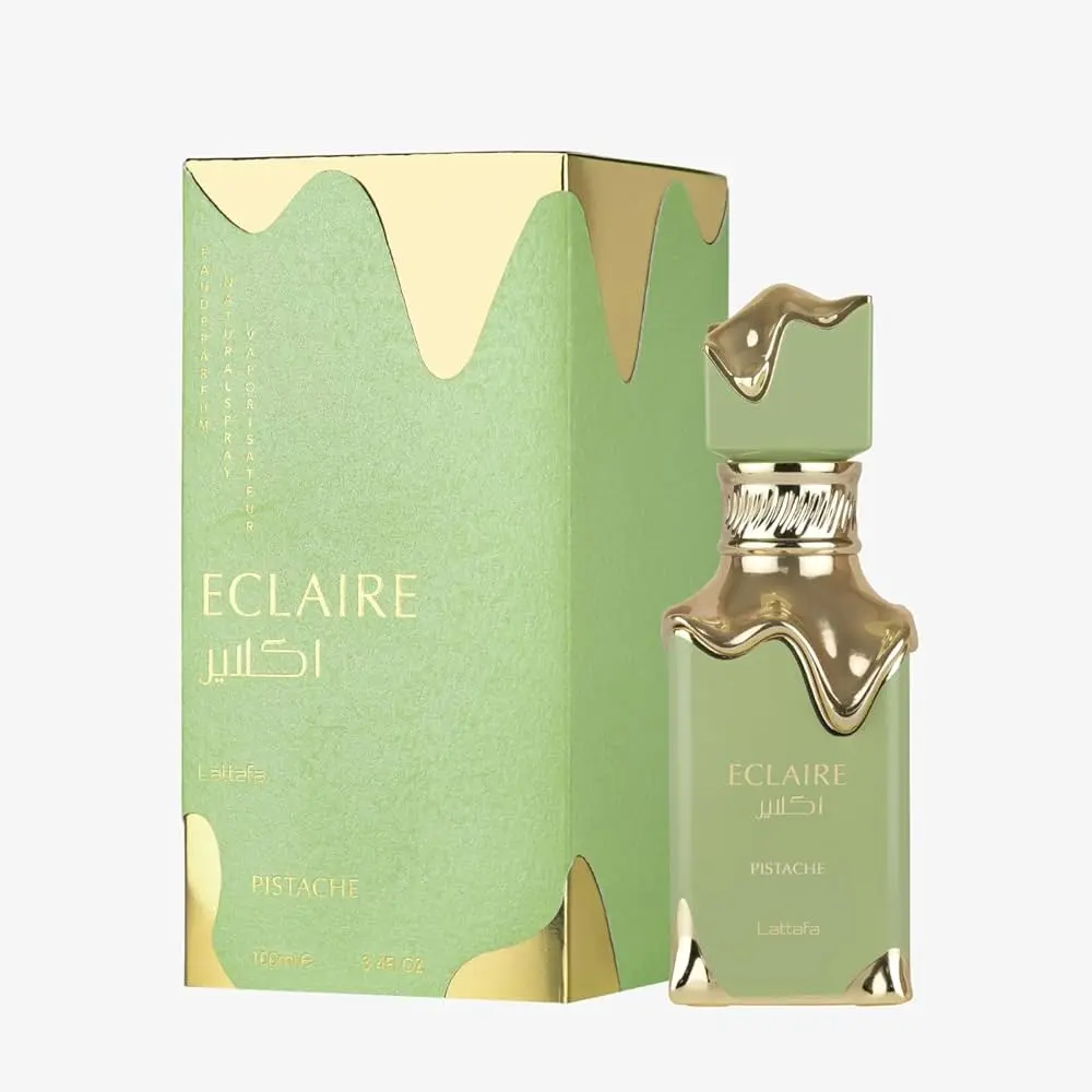 Lattafa Eclaire Pistache Unisex Long-Lasting Liquid EDP 100ml - Creamy Gourmand Fragrance for Daytime Errands, Layering-Ready with Whipped Cream, Musk, Cacao, Vanilla, Coconut, Toasted Pistachio Top Notes, Modern Gourmand, Soft Musk Finish, Cozy Musk Dryd