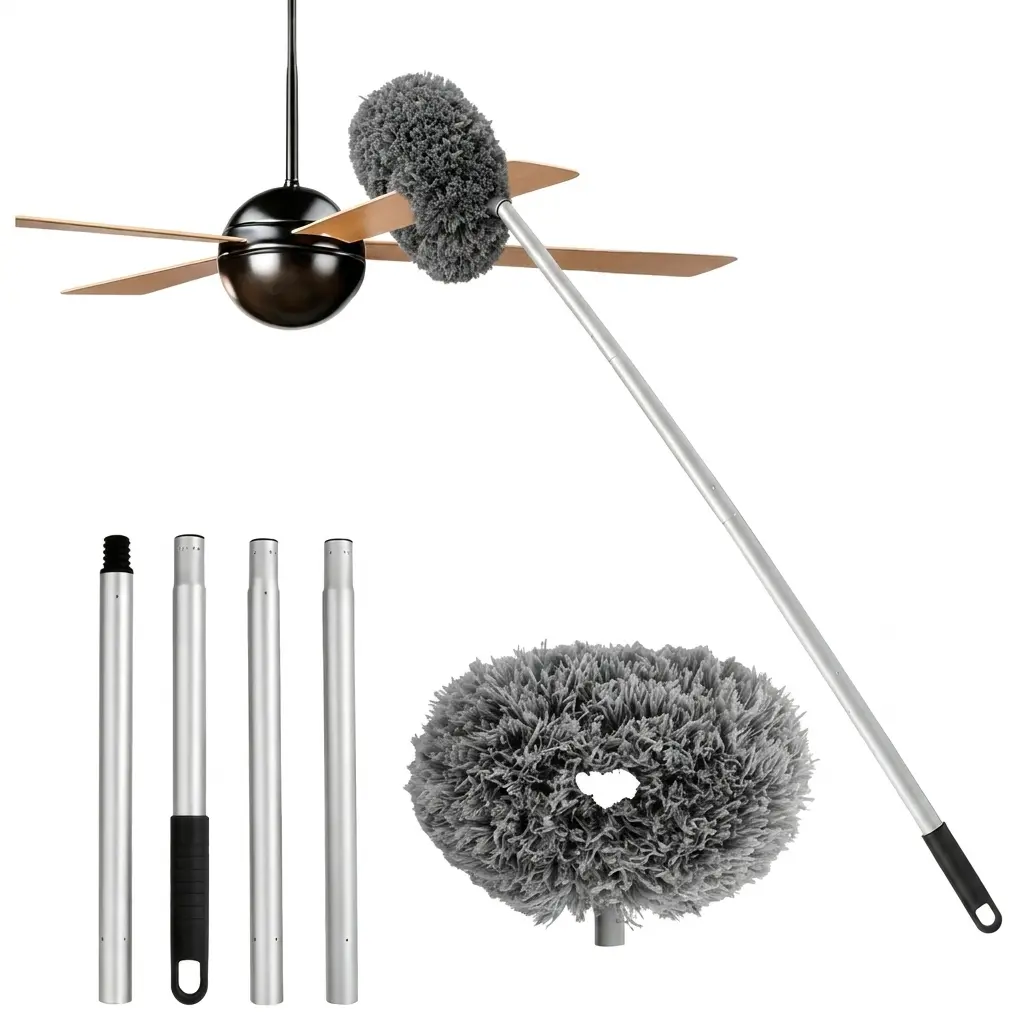 Cost-Effective Extendable Telescopic Ceiling Fan Duster Kit, Lightweight Adjustable Long Pole Cleaning Tool with Detachable Washable Reusable Microfiber Head, Ladder-Free Household Duster for High Ceilings, Furniture High Corners