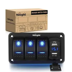 Nilight 3-Gang Aluminum 5-Pin ON/OFF Blue Rocker Switch Panel, Equipped with 4.8A Power Dual USB Charging Port and Voltmeter