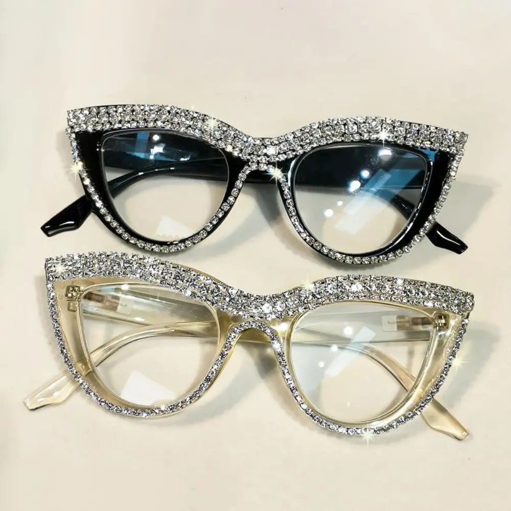 Women's 2-Pack Full-Rim Cat-Eye Sunglasses - PC Blue Light Blocking Lenses, Crystal-Encrusted Diamond-Look Shiny Protective Eyewear, Black & Translucent Frames, Diamond-Look Women's Sunglasses, Crystal-Encrusted Women's Sunglasses