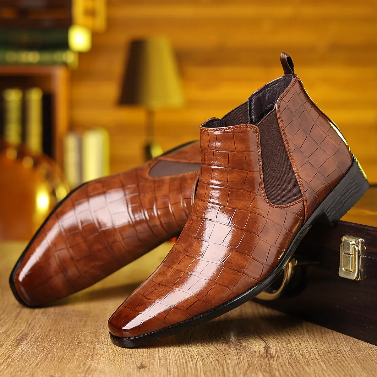 Men's Dress Chelsea Boots Business Casual Ankle Boots with Crocodile Embossed Leather Look and Slip-On Elastic Panels