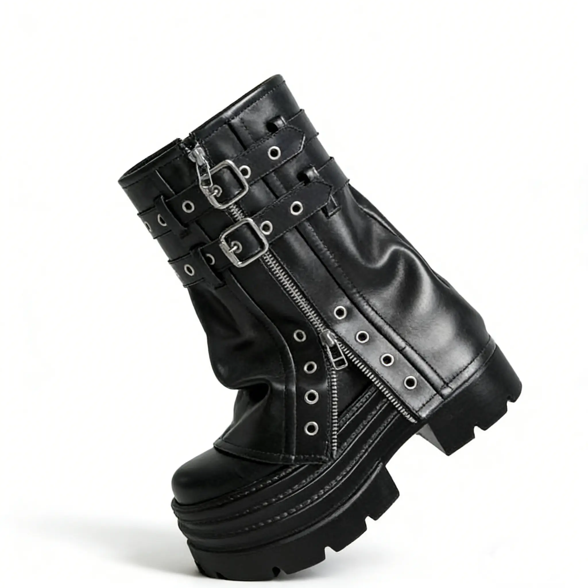 Women's Gothic Biker Boots - PU Upper, Belt Buckle, Stylish Platform Lift, Edgy Fashion, Comfortable Short Motorcycle Shoe Footwear