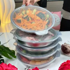 [Stainless Steel Plates] 6pcs Stainless Steel Dinner Plates | 10" Round Kitchen Metal Dish Plates,With a transparent lid and a handle, Rust-Proof Camping Serving Plates for BBQ, Snack, Salad, Appetizer, Fruit, Cookies