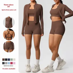 NewNew Cloud-Feel Yoga Brushed Bra Sports Jacket Casual Pilates Running Fitness Yoga Outfit Three-Piece Set(Gift)11