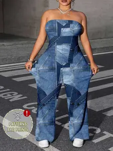 Plus Size Vintage Patchwork Faux Denim Pattern Printed Wide Leg Jumpsuit, Loose Fit, Summer Wear, All over Print, Slim-Fitting