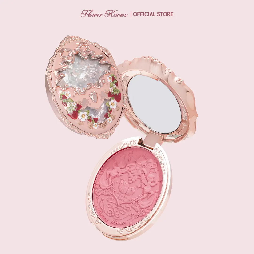 Flower Knows Strawberry Rococo Embossed Blush, Long-Lasting Silky Powder Cosmetic with Sakura Fragrance, French Matte Finish, Apricot Shade, 5g