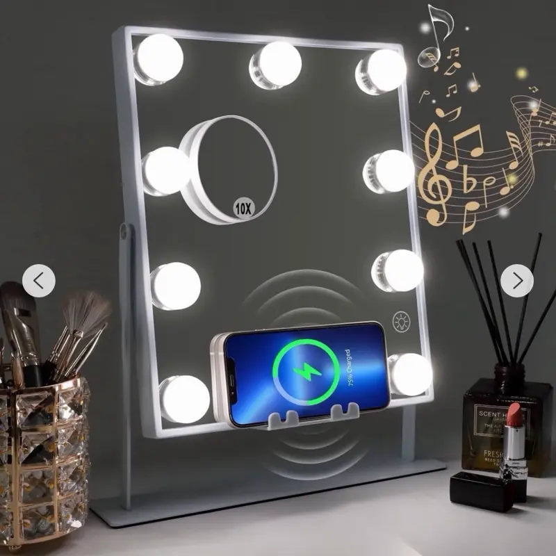 Fenchilin Hollywood Lighted Vanity Mirror, White Metal Tabletop Mirror with Bluetooth Wireless Charging Function