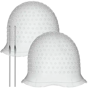 2Pcs Hair Coloring Highlighting Silicone Cap Hair Dye Caps with Holes Metal Crochet Hooks Reusable Easy to Clean Highlighting Cap Hair Highlighting Tool for Salon & Home Use