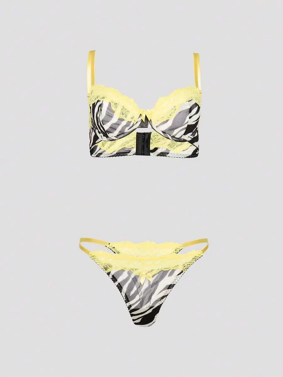 Zebra Print Push-Up Bra With Yellow Lace Trim And Bow Detail Underwire Animal Print Lingerie
