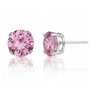 925 Sterling Silver Stud Earrings Rhodium Plated Pink CZ Round Cut (5mm)