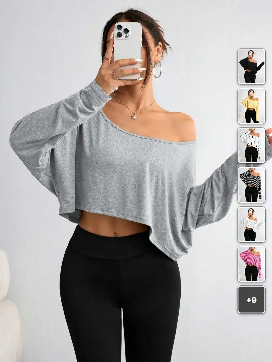 Plus Size Cropped Top Long Sleeve Asymmetric Collar Fall Streetwear Outfit