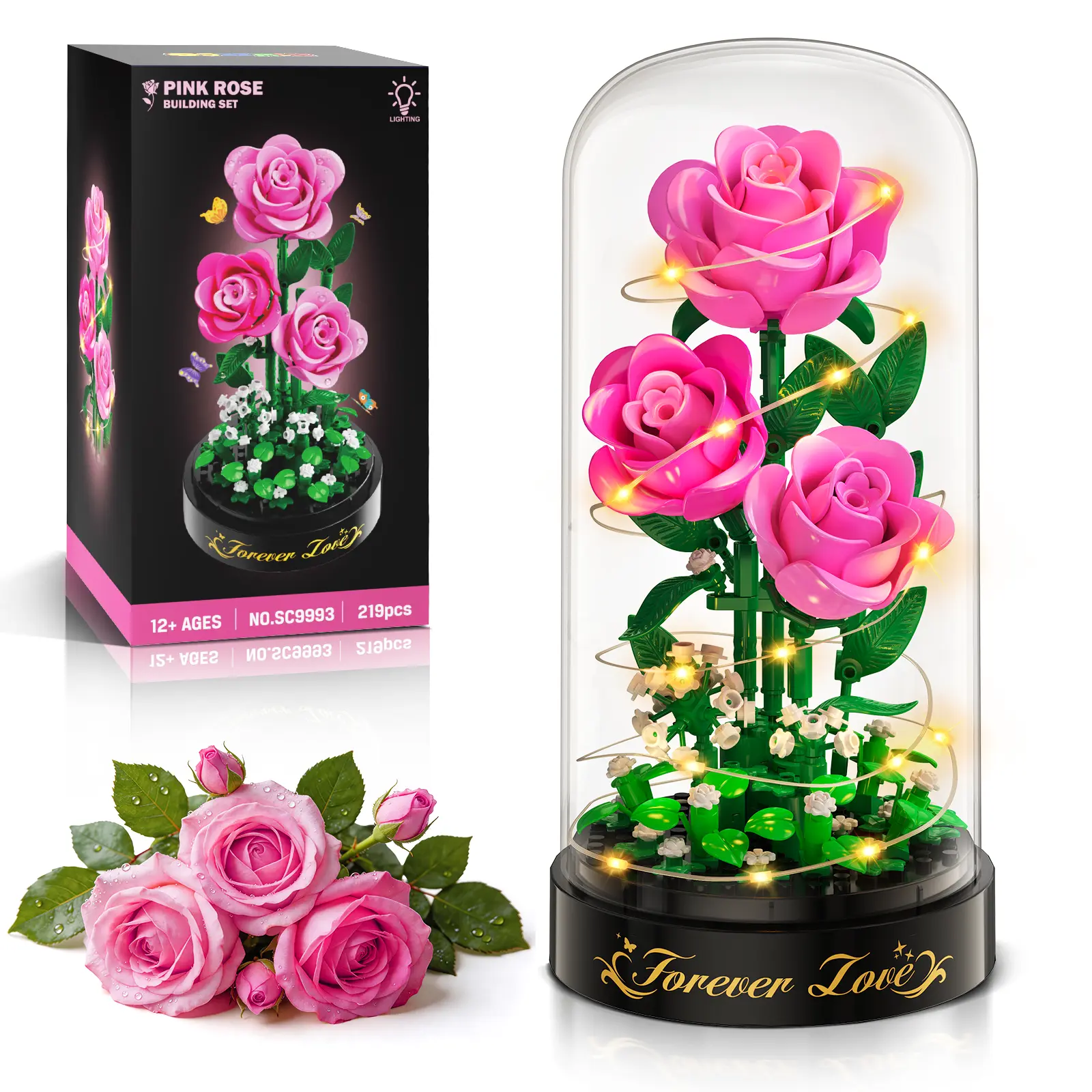 HiWEEGO 3.6MM Rose Flower Bouquet Building Set with LED Light & Dust Cover, 219PCS Botanical Collection Toy for Women, Pink Home Decor Birthday Xmas Gift