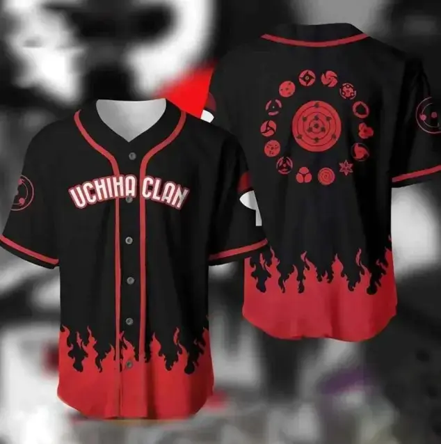 Uchiha Clan Sharingan Baseball Jersey Button Down Shirt - Premium Breathable Red Flame Graphic Streetwear Cardigan - Perfect Anime Fan Gift Cosplay Outfit