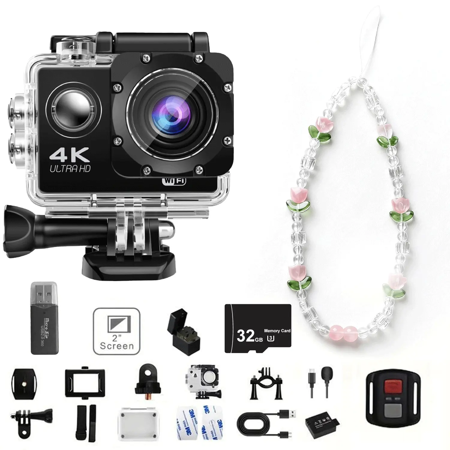 Ourlife 4K HD Sports Action Camera, Wifi Outdoor Sports Camera with Hanging Chain Controller Card Reader, Wide Angle Fish Eye Lens, 2.0 Inch Screen, Recording, Waterproof Camera