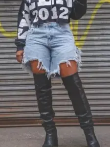 2419 Summer New European and American Fashion Women's Irregular Fringe Distressed Bermuda Shorts, Stylish and Trendy Women’s Apparel for Summer, Casual, Casual Ripped Shorts, Casual Fashionable Shorts, Frayed Hem Shorts