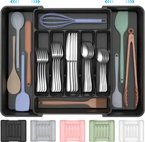Extra Large Expandable Silverware Organizer for Kitchen Drawer, Adjustable BPA-Free Cutlery Tray with 7–9 Compartments, Food-Safe Utensil Storage Holder for Spoons Forks Knives, Expandable Drawer Organizer Black