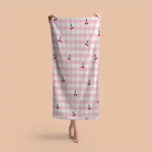1PC Luxurious Pink Cherry Gingham Bath  Beach Towel - Soft  Cozy Perfect for Beach Getaways  Daily Use Rectangular Design