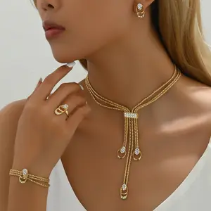 2026 New Simple Fresh Diamond-Inlaid 3-Piece Elegant Matching Geometric Jewelry Set - Collarbone Necklace, Versatile Earrings, Index Ring, Gold Fashion Costume Accessory Set, Elegant Jewelry Set, Matching Jewelry Set