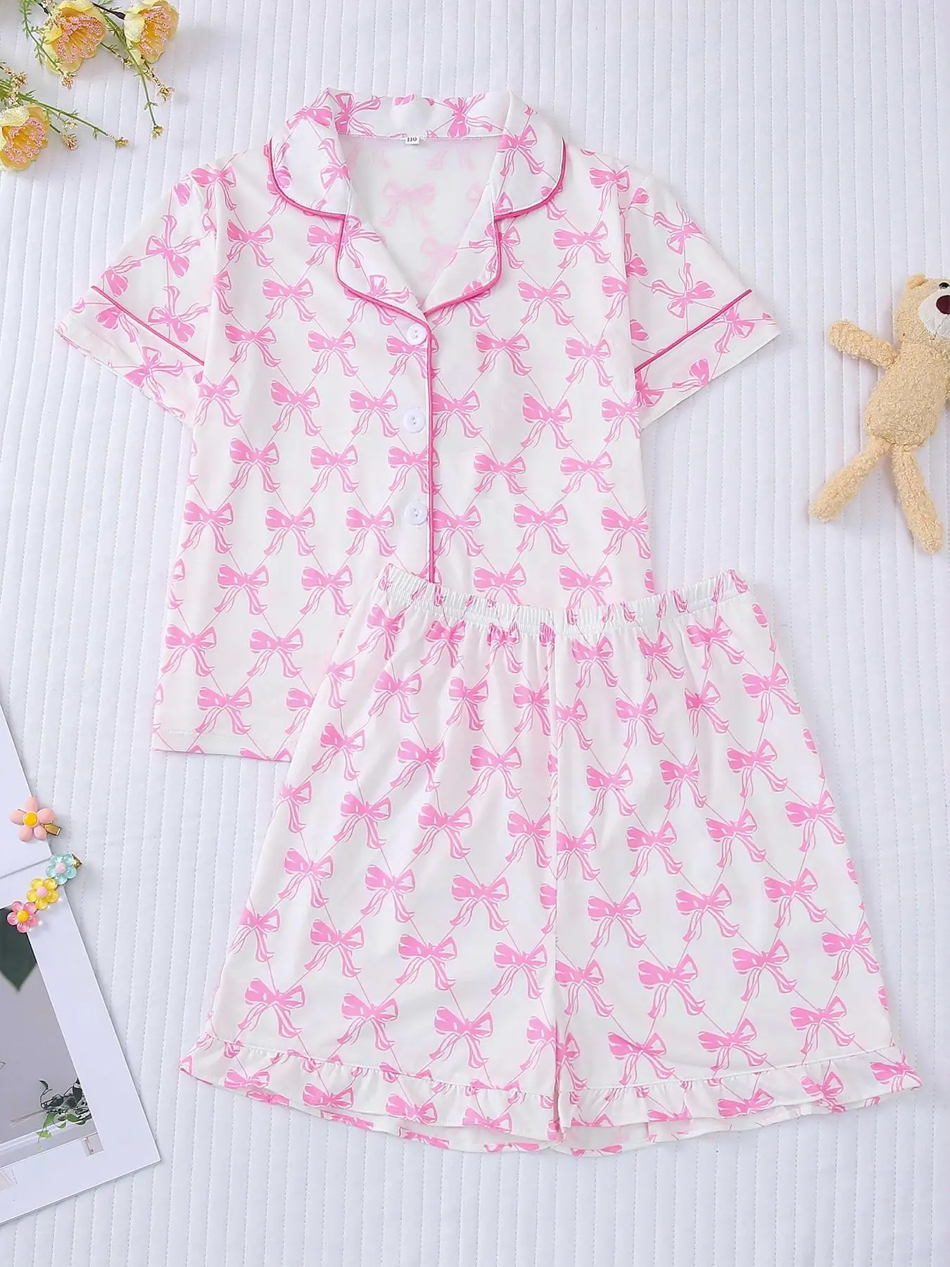 Girl's Cartoon Bow Print Lapel Neck Top & Shorts Pyjama Two-piece Set, Comfy Short Sleeve Collar Top & Shorts Pj Set, Kids Sleepwear for All Seasons,