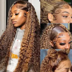 4/27 Highlight Lace Front Wigs Human Hair Pre Plucked Bleached Knots 12A 180 Density 13x6 HD Ombre Honey Blonde Deep Wave Human Hair Wigs with Baby Hair(32 Inch, Brown mix gloden color)