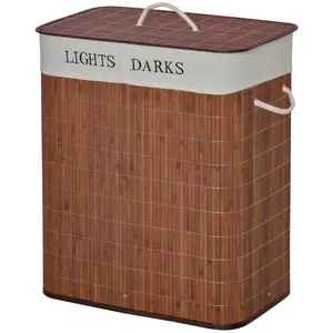 Brown Bamboo Laundry Basket with Lid String Handles Collapsible Hamper 2 Removable Bags Light Dark Sections 26.4 Gal for Bathroom Bedroom Laundry Room Small Apartment