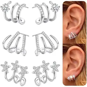 YADOCA 925 Sterling Silver Cubic Zirconia Cuff Earrings Triple Huggie Illusion Stud Earrings Hypoallergenic Wrap Ear Cuffs Earrings for Women Trendy