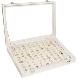 Ring Display Tray Organizer Box with Transparent Lid, 100 Slot Ring Holder Showcase For Store Display  Show Home, Ring Organizer For Rings Earrings (Beige)