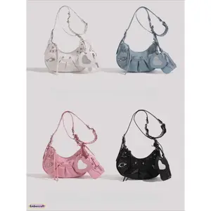 Women's Y2K Studded Moto Shoulder Bag Set - Retro Crescent Rivet Crossbody Purse, Zipper Underarm Bag for College Students, Casual Street Fashion