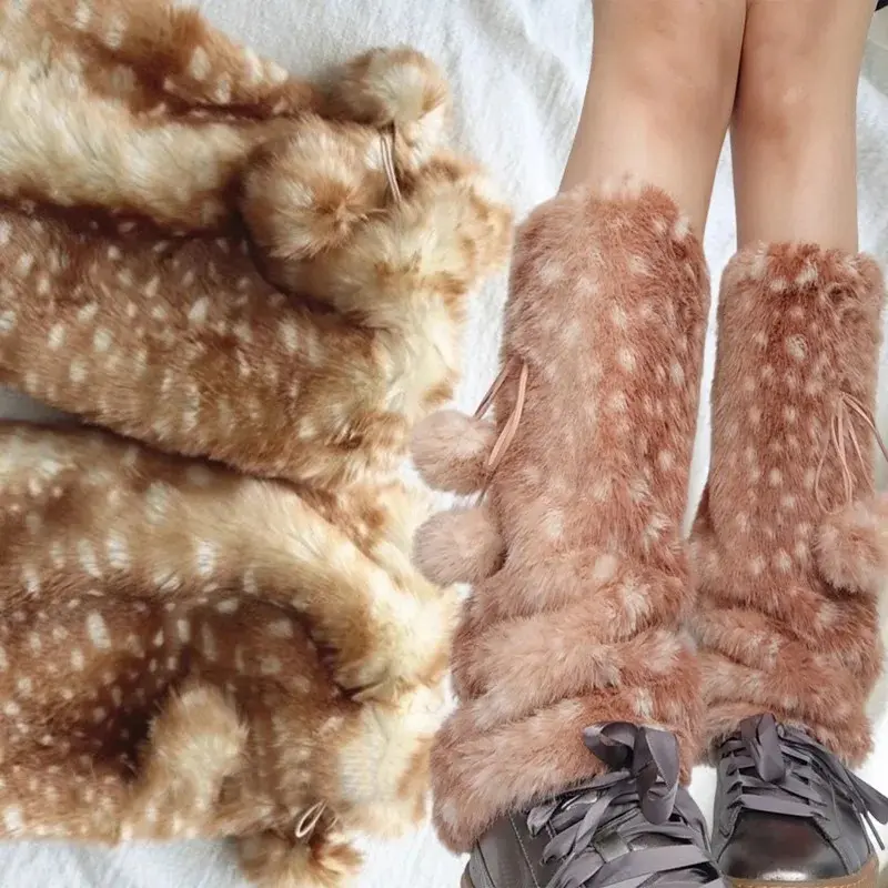Kawaii JK Deer Print Faux Fur Plush Leg Warmers Winter Furry Fleece Mid-Calf Socks Costume Cosplay Boots Socks Chrismas Gifts