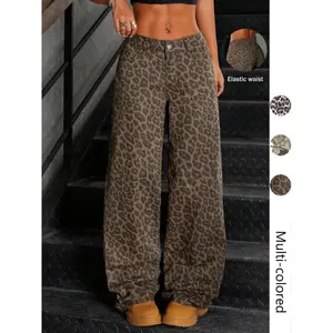 Women's Leopard Print Wide Leg Pants, Bohemian Boho Trousers, Casual Loose-Fit Elastic Waist Button-Fly in Trousers Multiple Colors Available