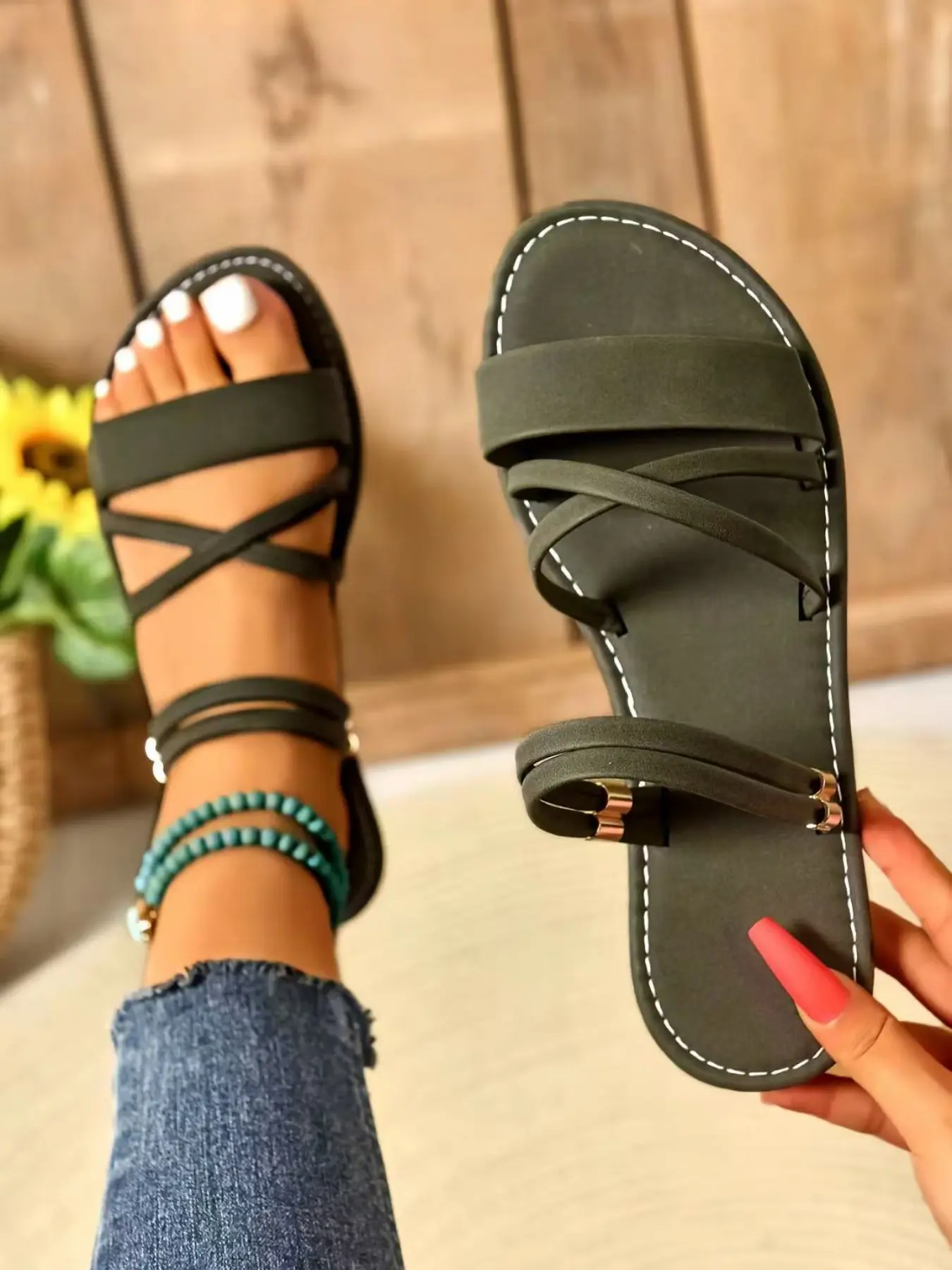 Women's Boho Style PU Leather Footwear Strap Slides, Casual Comfortable Flat Sandals, Breathable Flats, Lightweight Breathable Shoes for All Seasons