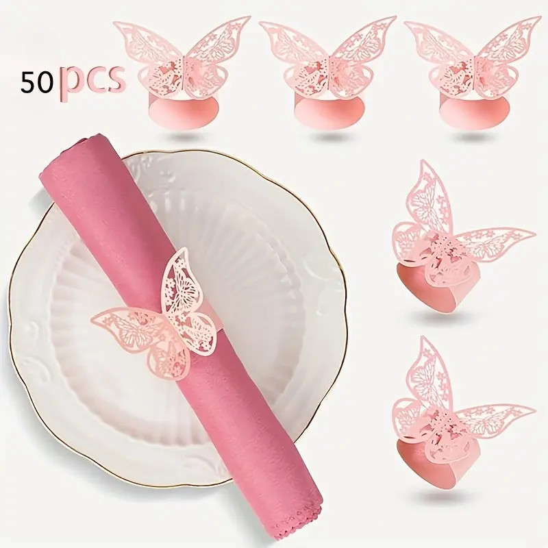 50pcs Butterfly Shaped Napkin Rings - Elegant Pink PET Paper with Polished Metal Finish, Reusable Decorative Holders for Weddings, Christmas, Dinner Parties & Family Gatherings, Butterfly Motif Tableware Accessories, Butterfly Decorations