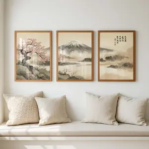 3-Piece Set Japanese Fuji Mountain Triptych Wall Art Prints, Cherry Blossom Landscape Watercolor Paintings, Zen Asian Home Decor, Wall Picture Decor, Minimalist Prints
