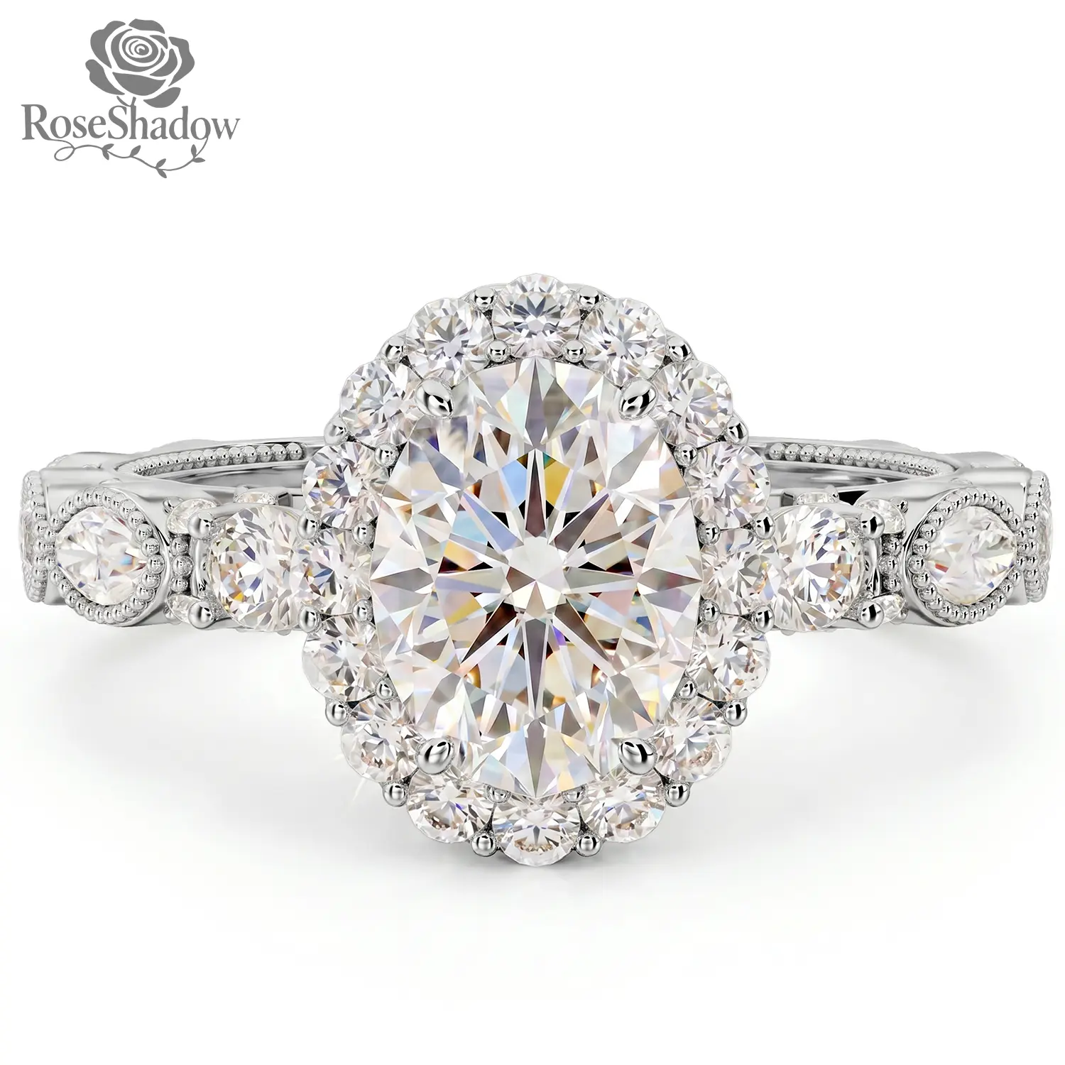 ROSESHADOW 1.5CT Oval Cut Moissanite Halo Ring For Women 14K Gold Pkated 925 Sterling Silver VVS D Color Vintage Engagement Ring Jewerly Gift for Her